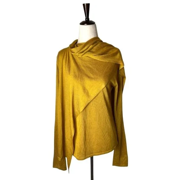 Sally Lapointe Sweater Women 8 Gold Metallic‎ Lightweight Knit Wrap Neck Luxury - Picture 2 of 11
